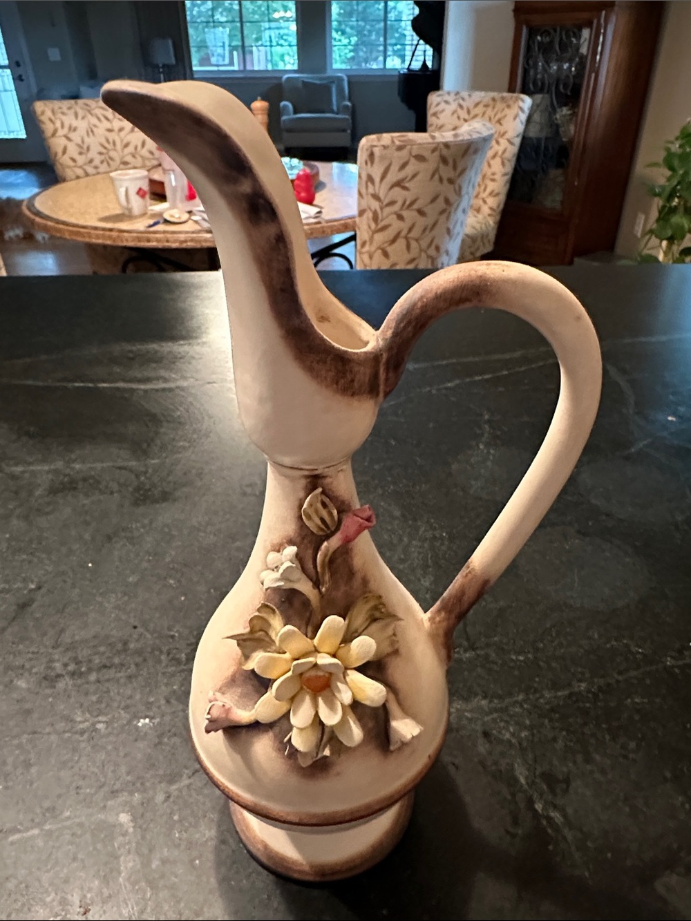 Handcrafted Ceramic Pitcher Vase with Yellow Floral Accent